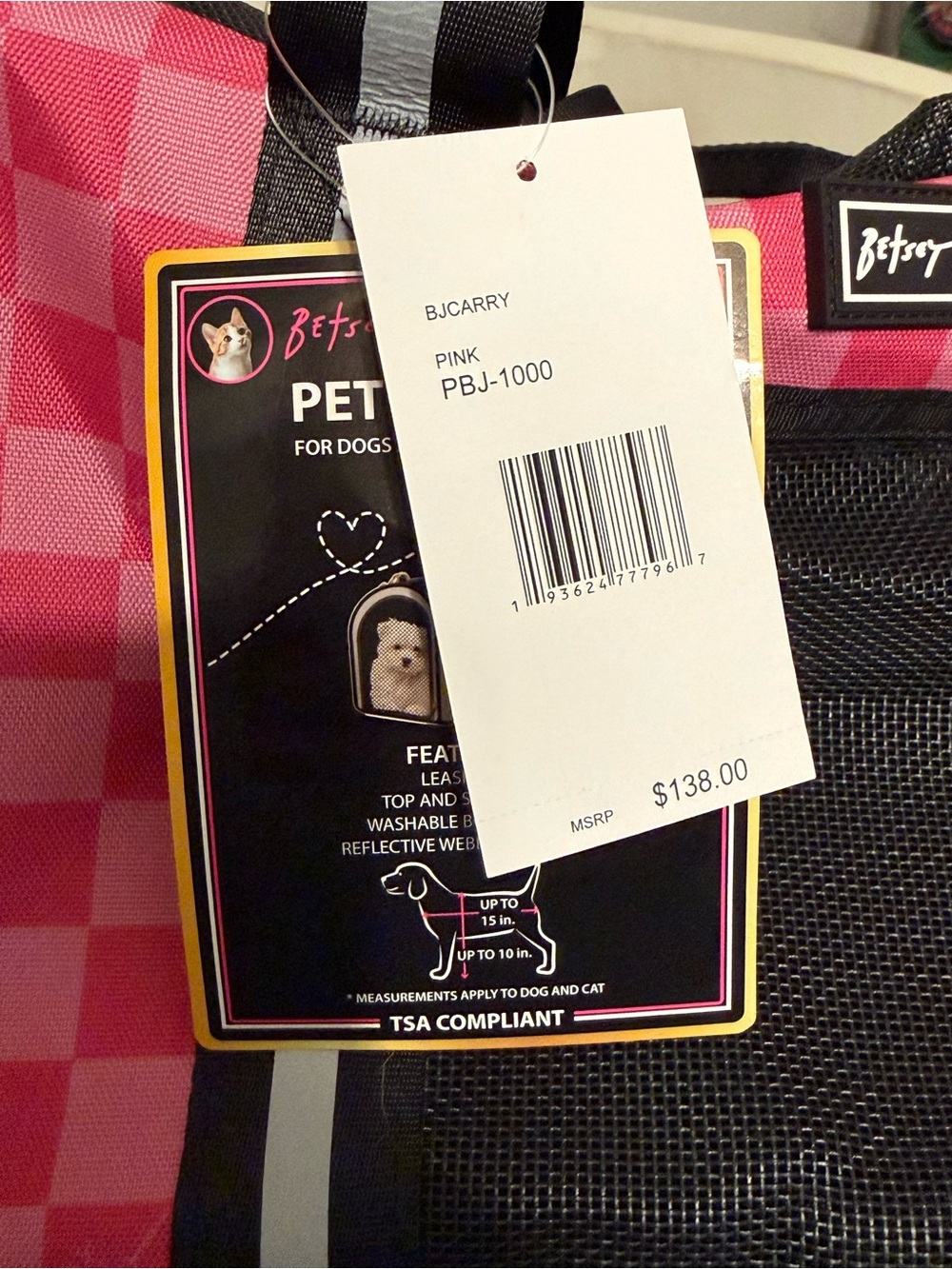 Betsey Johnson Pink Checkerboard & Black Travel Pet Carrier - Picture 2 of 2